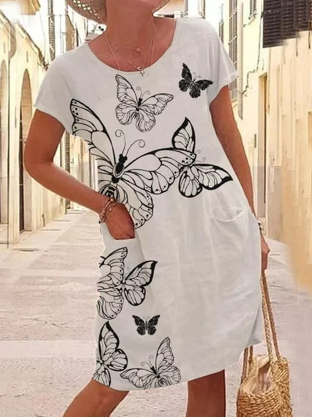 

Crew Neck Butterfly Short Sleeve Woven Dress, White, Dresses