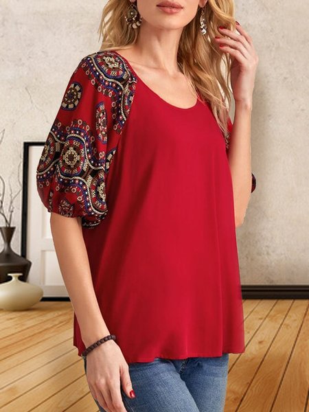 

Crew Neck Casual Tribal Short Sleeve Tops Loosen, Red, T-Shirts