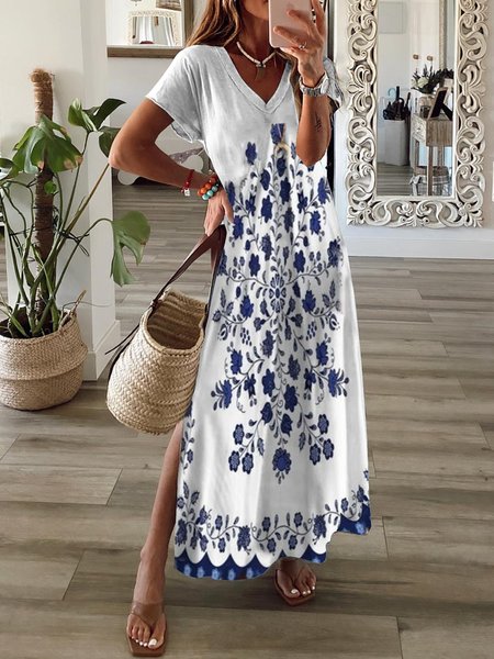 

Floral foliage printed holiday loose long dress Plus Size, Blue, Maxi Dresses