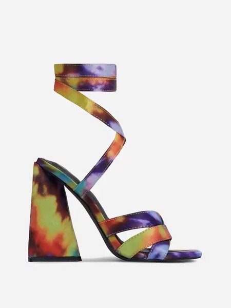 

Colorful Tie-Dye Ombre Ankle Strap Block Heeled Sandals, As picture, Sandals