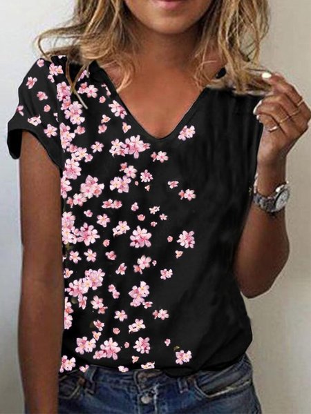 

V Neck Cherry Blossoms Short Sleeve T-Shirt, Black, T-Shirts