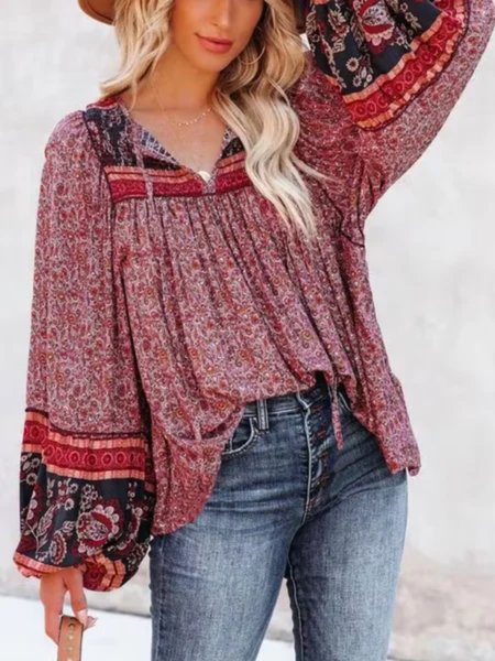 

Long Sleeve V Neck Plus Size Printed Tops, Red, Tops