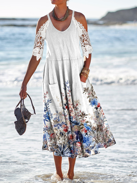 

Regular Fit Vacation Lace Short Sleeve Woven Dress, White, Midi Dresses