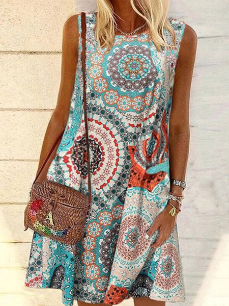 

Casual Floral Crew Neck Loosen Short Sleeve Knit Dress, As picture, Mini Dresses