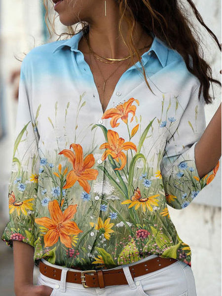 

Floral Casual Shirt Collar Loosen Long Sleeve Blouse, Multicolor, Shirts & Blouses