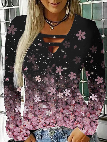 

V Neck Floral Long Sleeve Casual T-Shirt, Black, T-Shirts