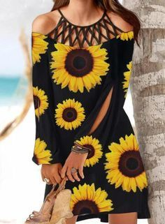 

Floral Loosen Casual Long Sleeve Knit Dress A-line, Black, Dresses