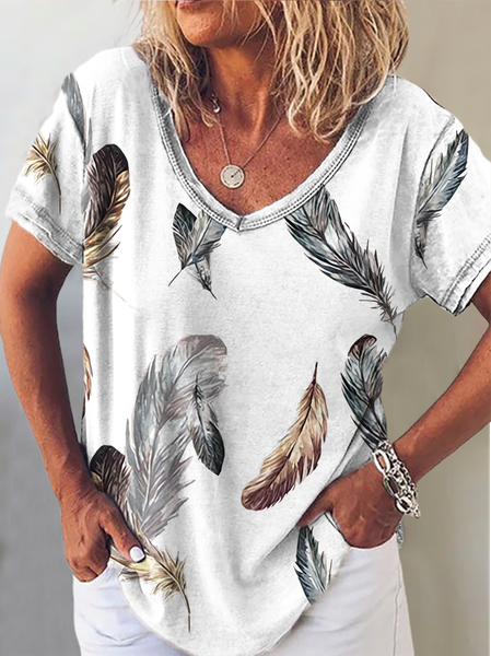 

Plus size V Neck Feather Short Sleeve T-Shirt, As picture, T-Shirts