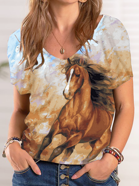 

horse print T-shirt Loosen Short Sleeve T-Shirt, Brown, T-Shirts