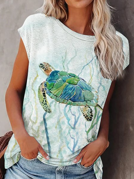

Daily beach gradient ocean turtle print loose top T-shirt Plus Size, Aqua, T-Shirts