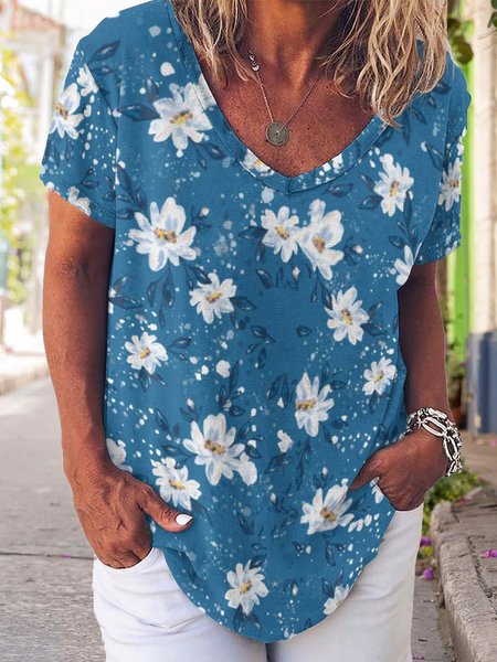 

Casual Floral Print V-Neck Short Sleeve T-Shirt, Blue, T-shirts