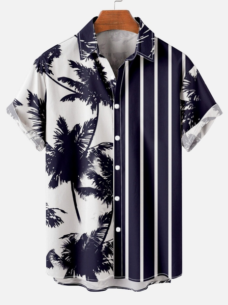 

Casual Resort Coconut Tree Stripe Print Short Sleeve Shirt, As picture, Short Sleeves Shirts