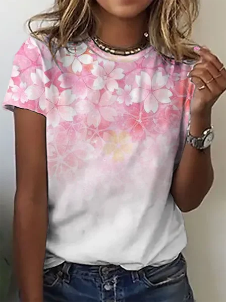 

Loose Cotton Blends Sakura Short Sleeve T-Shirt, Pink, T-shirts