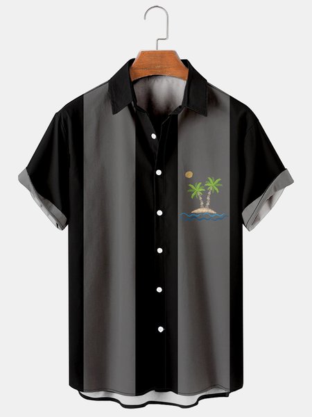 

Mens Coconut Tree Print Casual Breathable Hawaiian Bowling Shirt, Black-grey, Shirts ＆ Blouse