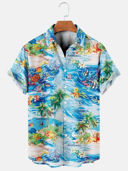 

Mens Soccer Hawaiian Print Casual Breathable Short Sleeve Shirt, As picture, Men's Floral shirt