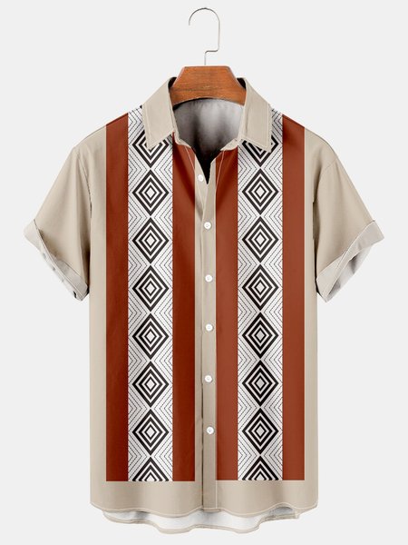 

Mens Retro Plaid Print Casual Breathable Short Sleeve Bowling Shirts, Khaki, Men's Floral shirt