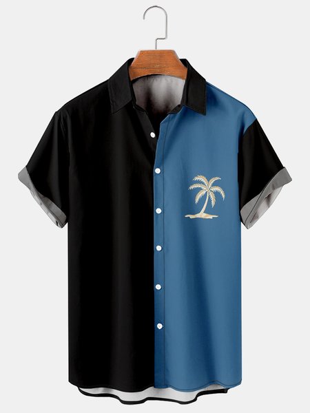 

Mens Coconut Tree Print Casual Breathable Hawaiian Short Sleeve Shirt, Black-blue, Men's Floral shirt