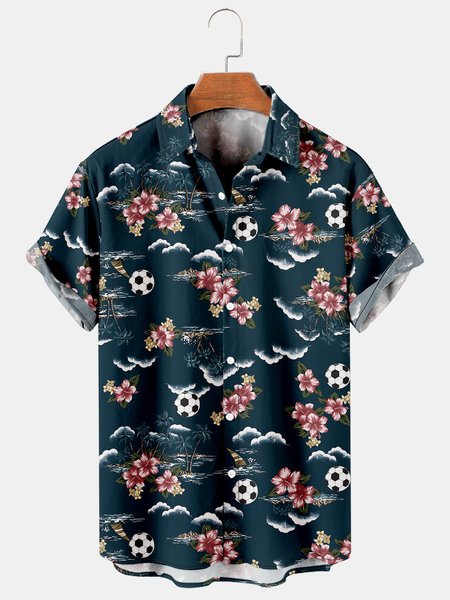 

Mens Soccer Hawaiian Print Casual Breathable Short Sleeve Shirt, As picture, Men's Floral shirt