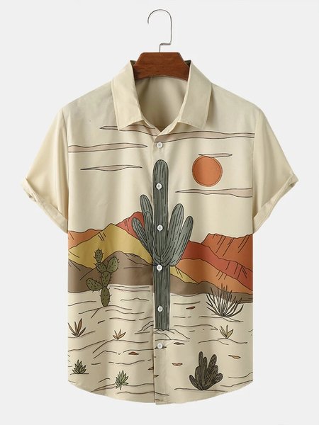 Cotton Linen Style Botanical Cactus Print Style Men's Linen Shirt, As picture, Men's Floral shirt