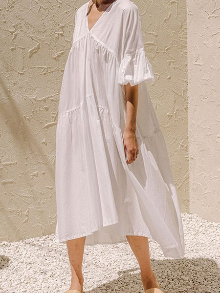 

Casual Long Sleeve Woven Dress, White, Midi Dresses