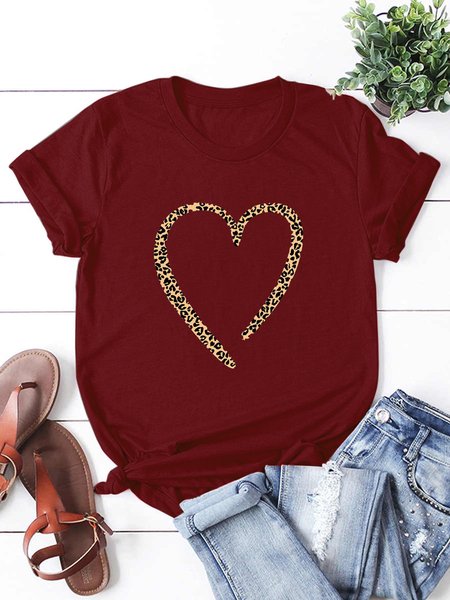 

Leopard Heart Print Short Sleeve T-Shirt, Red, T-shirts