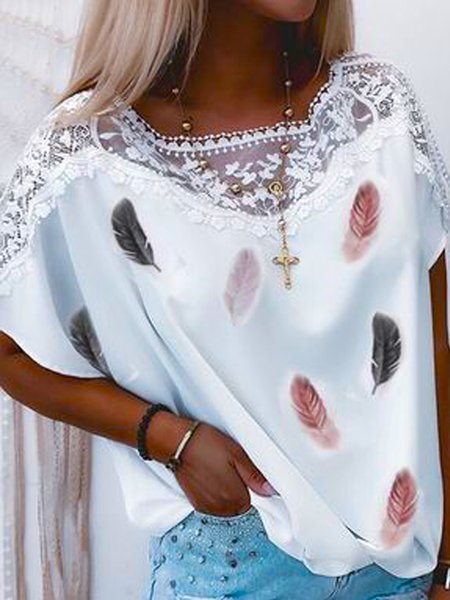 

Loosen Romantic Feather Lace Patchwork Crew Neck Short Sleeve T-Shirt, Flower, T-Shirts
