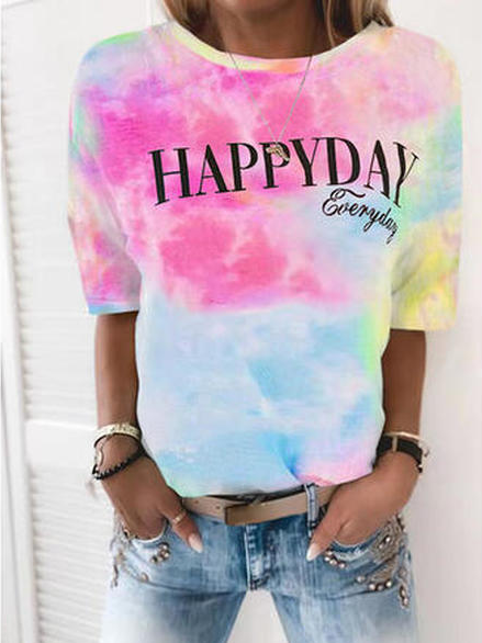 

Ombre Cotton Blends Vacation Short Sleeve Tops, Multicolor, T-Shirts