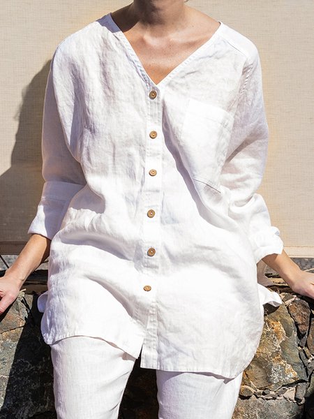 

Loosen V Neck Long Sleeve Blouse Tops, Off white, Tops