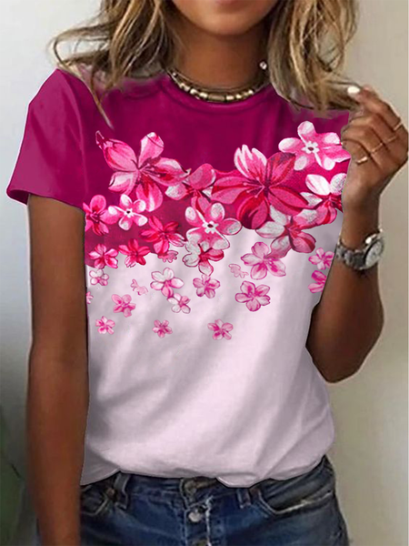 

Romantic Fashion Casual Sakura Print Short Sleeve T-Shirt, Rose red, T-Shirts