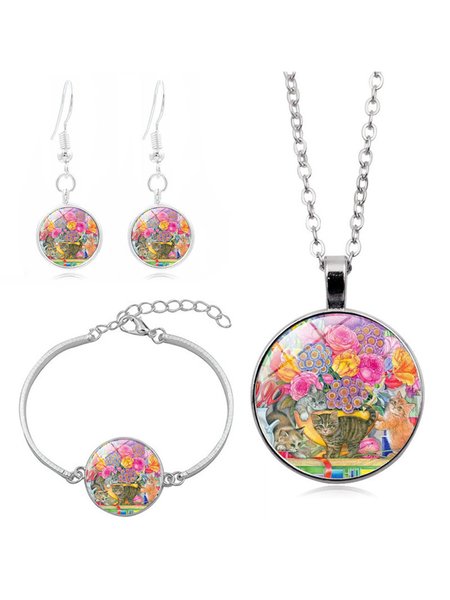 

3 Pcs Time Stone Flower Cat Necklace Bracelet Earrings, Color6, Necklaces