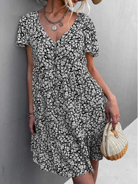 

Boho V Neck Floral Short Sleeve Women Dress, Black-white, Dresses
