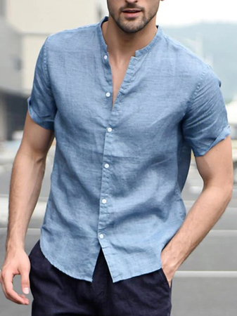 

Stand Collar Casual Linen Short Sleeve Shirt, Lightblue, Blouses&Shirts