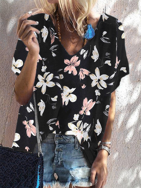 V neck Floral Boho Short Sleeve T-Shirt, Black, T-Shirts