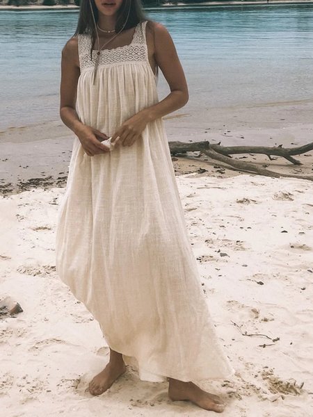 

Casual Lace Square Neck Short Sleeve Woven Dress, As picture, Maxi Dresses