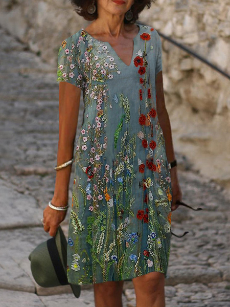 

Regular Fit Casual Floral V Neck Short Sleeve Woven Dress, Green, Dresses