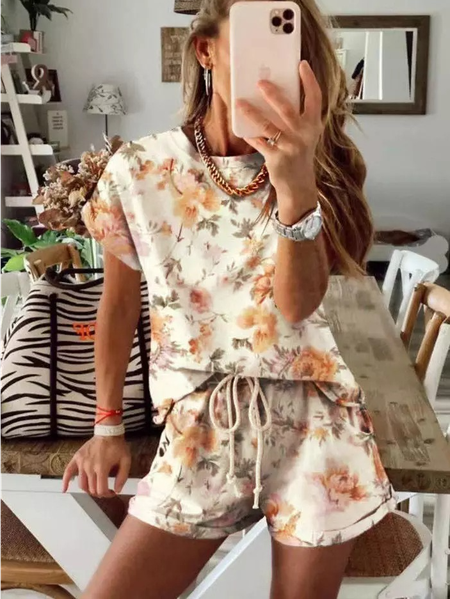 

Floral Casual Two Piece Sets, Light yellow, Suit Set