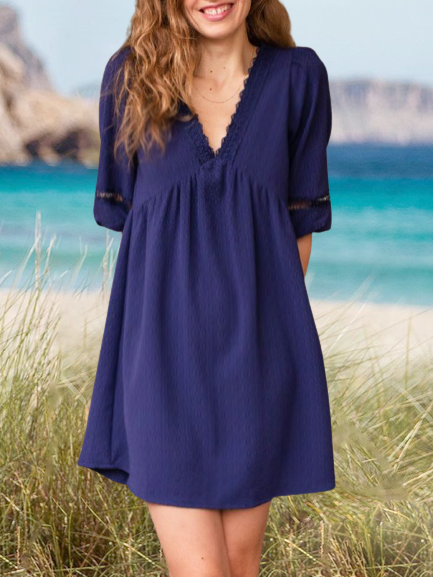 

Plain V Neck Short Sleeve Knit Dress, Blue, Dresses