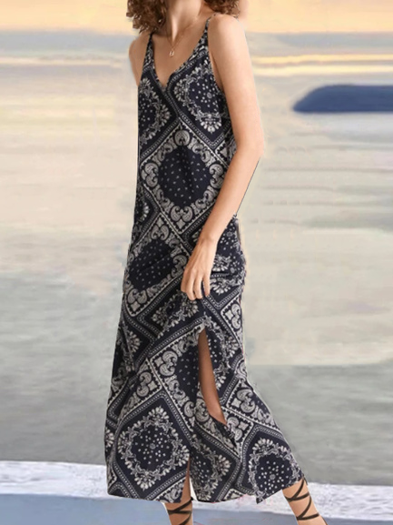 

V Neck Paisley Boho Short Sleeve Woven Dress, Black, Maxi Dresses