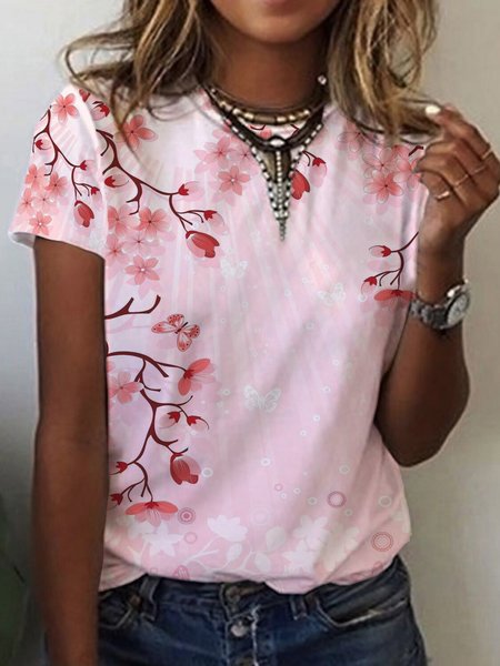 

Cherry Blossoms Casual Loosen Short Sleeve T-Shirt, Pink, T-Shirts