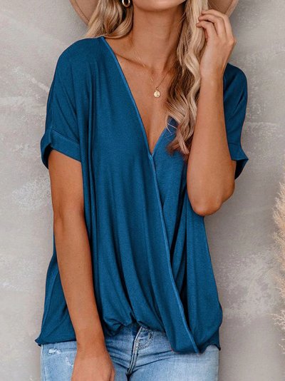 

V Neck Cross Loosen Casual Short Sleeve T-Shirt, Blue, T-Shirts