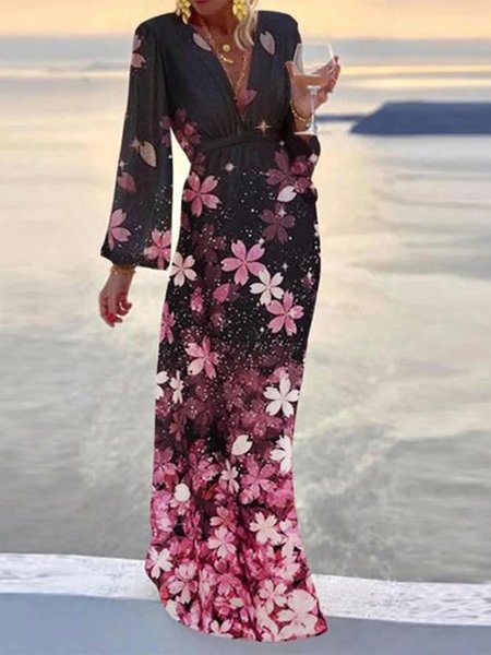 

Boho Cherry Blossoms V Neck Long Sleeve Loosen A-line Dress, Black, Maxi Dresses