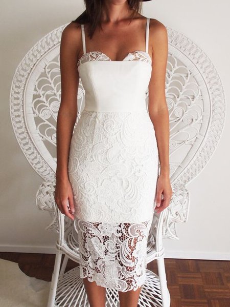 

Regular Fit Guipure Short Sleeve Knit White Dress, Formal Dresses