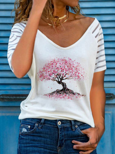 

Casual Loosen Cherry Blossoms Short Sleeve T-Shirt, White, T-Shirts