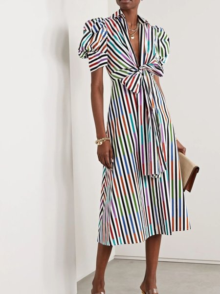 

Summer V neck Knot Front Striped Short Sleeve Woven Date Dress, Stripe, Midi Dresses
