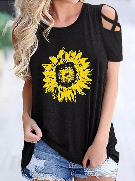 

Plus size Sunflower Printed Casual Short Sleeve T-Shirt, Black, T-Shirts