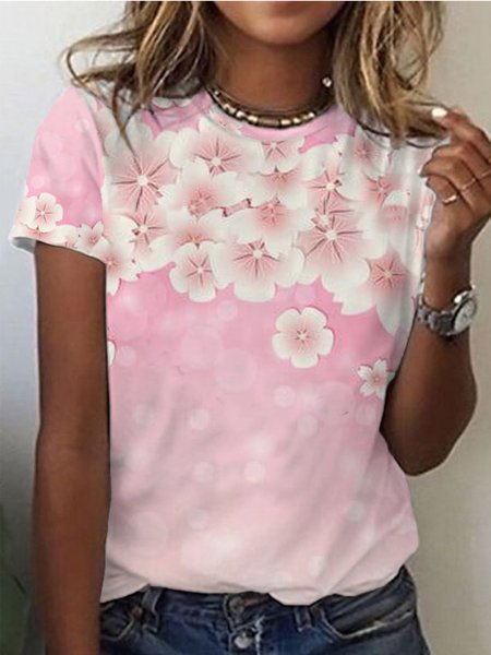 

Regular Fit Cherry Blossoms Casual Short Sleeve T-Shirt, Pink, T-Shirts
