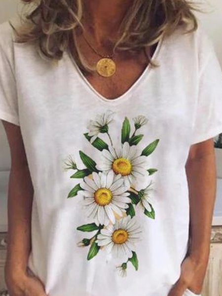 

Vintage Art Classic Loosen V Neck Floral Shirts & Tops, White, T-Shirts