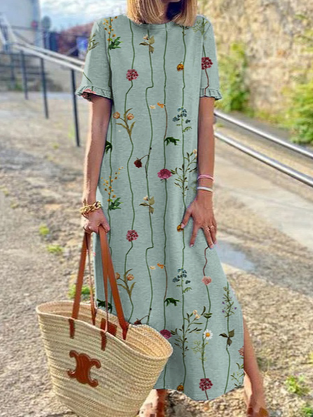 

Floral Vacation Loosen Short Sleeve Knit Dress, Green, Dresses