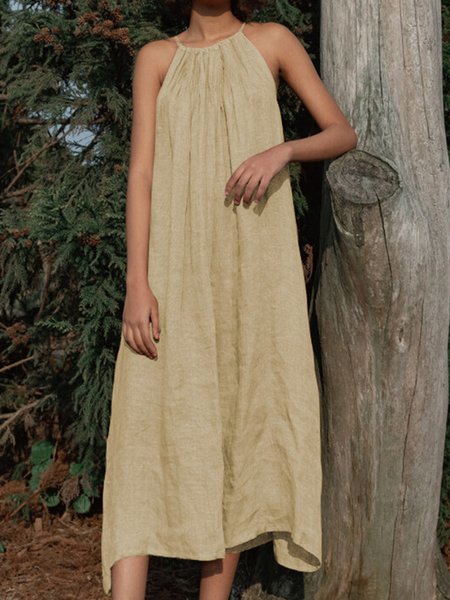 

Cotton Blends Short Sleeve Woven Dress, Khaki, Midi Dresses
