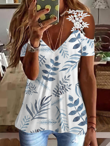 

V neck Floral Vacation Regular Fit Short Sleeve Tops, White, T-Shirts